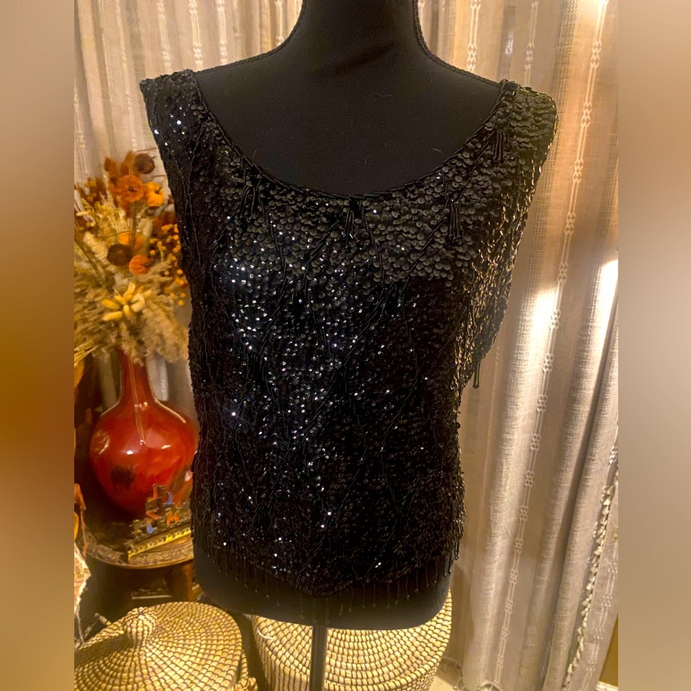 Vintage 60s Beaded Sequined Sleeveless Shell Tank Top Fringe Black size Med